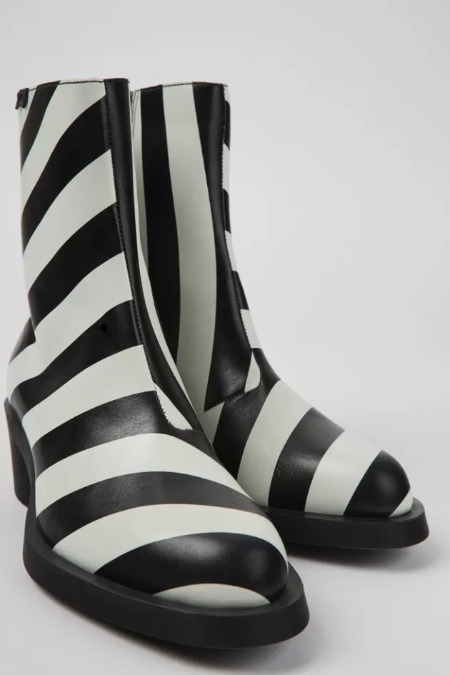 Camper Black And White Striped Leather Boots For Women*Women Ankle Boots