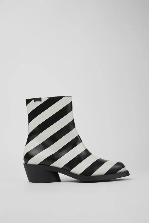 Camper Black And White Striped Leather Boots For Women*Women Ankle Boots