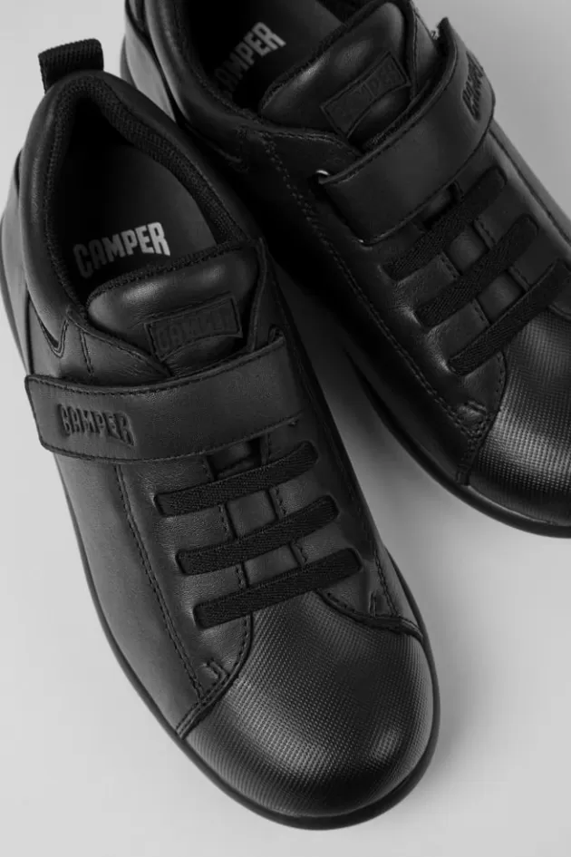 Camper Black Leather And Textile Shoes For Kids*Kids Hook And Loop