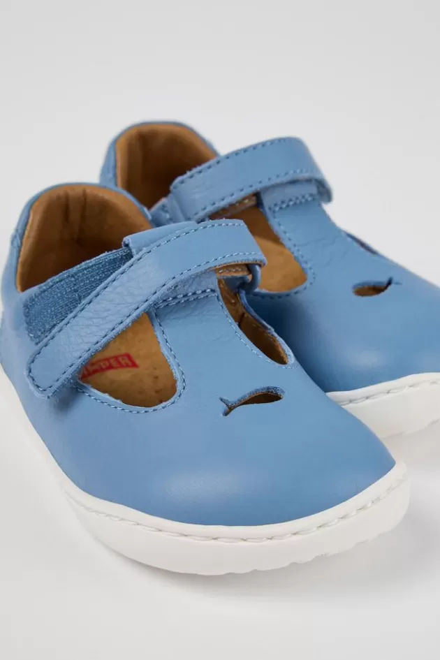 Camper Blue Leather T-Strap Shoe*Kids Hook And Loop