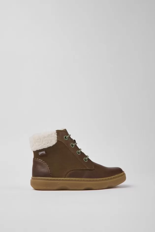 Camper Brown Leather And Nubuck Ankle Boots For Kids*Kids Lace-Up