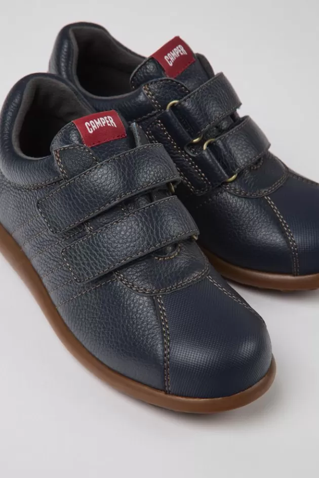 Camper Navy Blue Leather And Textile Shoes For Kids*Kids Hook And Loop