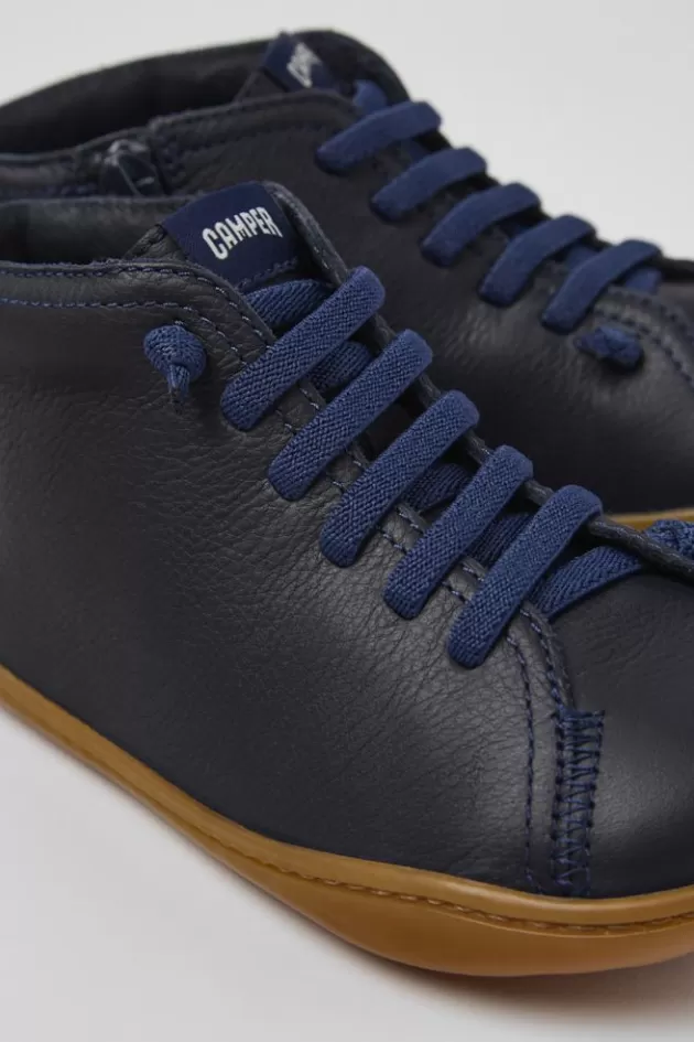 Camper Navy Blue Leather Ankle Boots For Kids*Kids Lace-Up