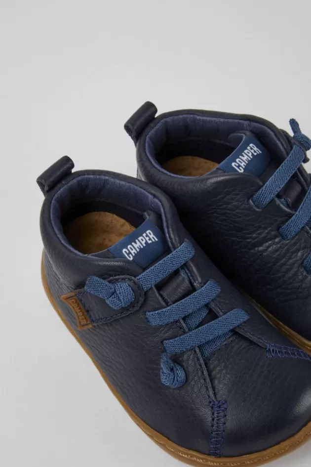 Camper Navy Blue Leather Shoes For Kids*Kids Hook And Loop