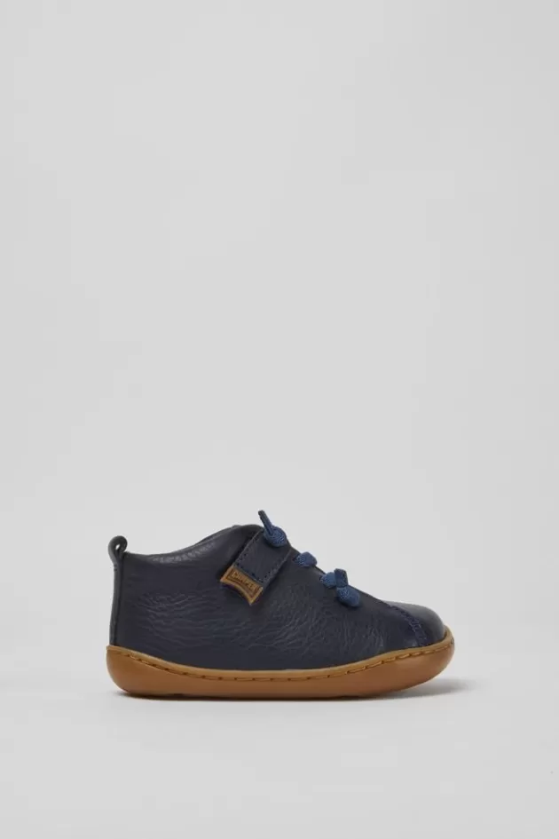 Camper Navy Blue Leather Shoes For Kids*Kids Hook And Loop