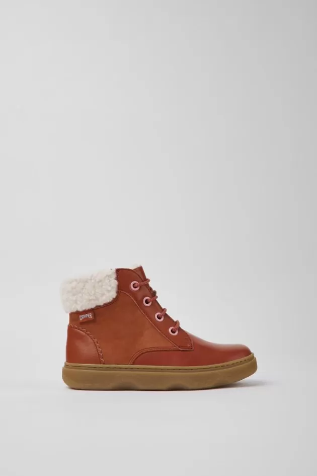 Camper Red Leather And Nubuck Ankle Boots For Kids*Kids Lace-Up